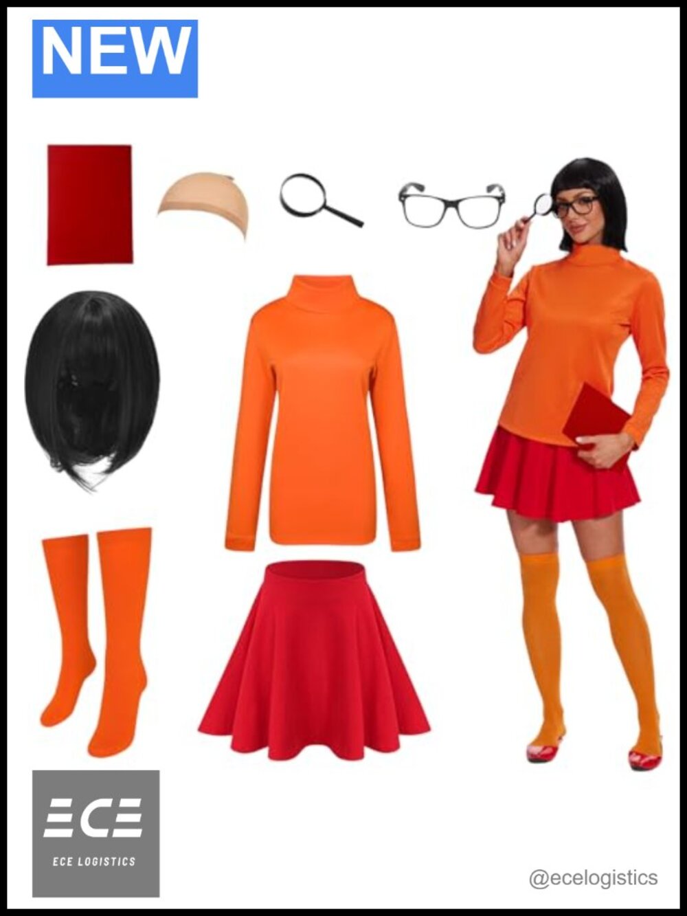 Women's 8-Piece Orange Turtleneck Halloween Cosplay Costume Set